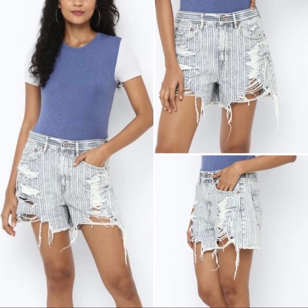American Eagle Outfitters Distressed Jean Shorts - Blue and White